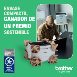 Impresora Brother con embalaje sostenible.