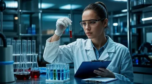 Científica en laboratorio con tubo de ensayo